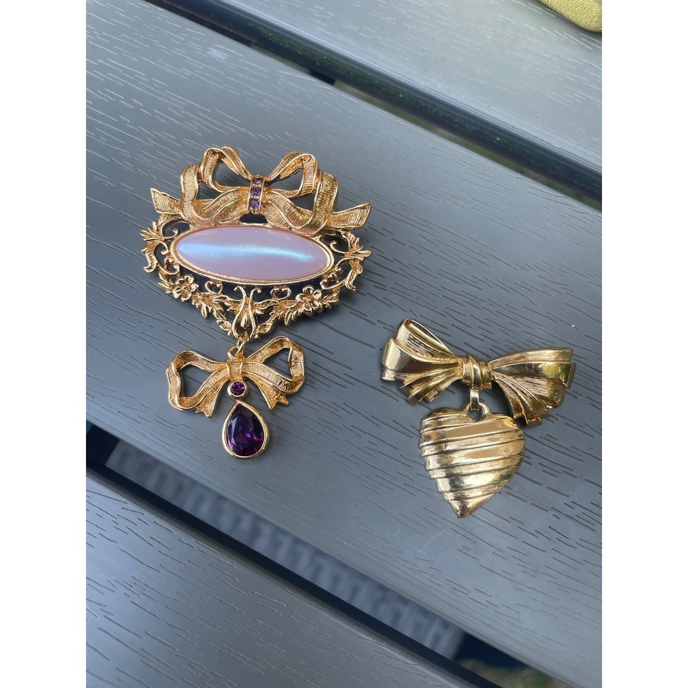 Vintage Avon Brooch Lot Gold Tone Pink Cabochon Purple Rhinestone